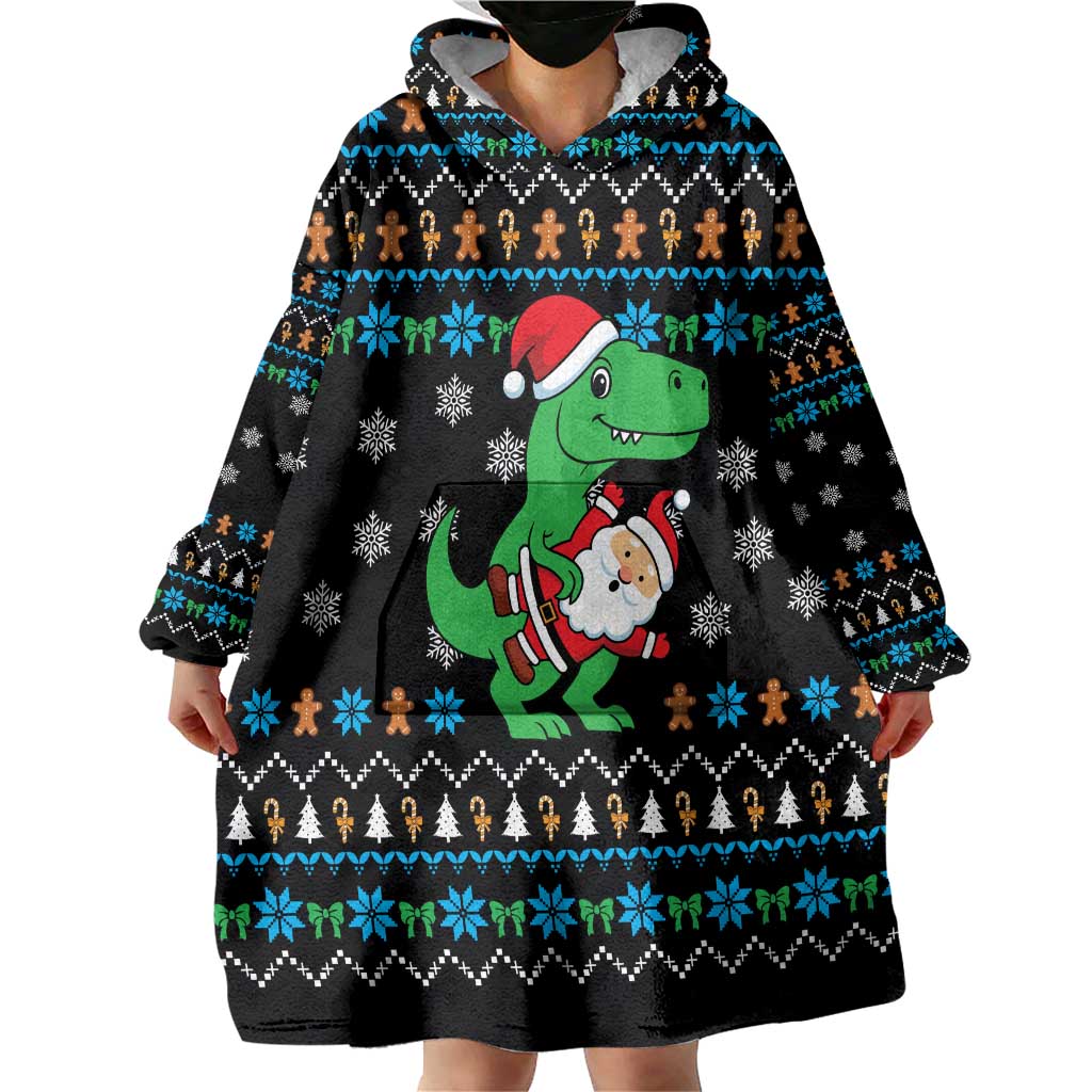 Funny Santa Riding Dinosaur Christmas Wearable Blanket Hoodie Gingerbread Snowflake Pattern - Wonder Print Shop