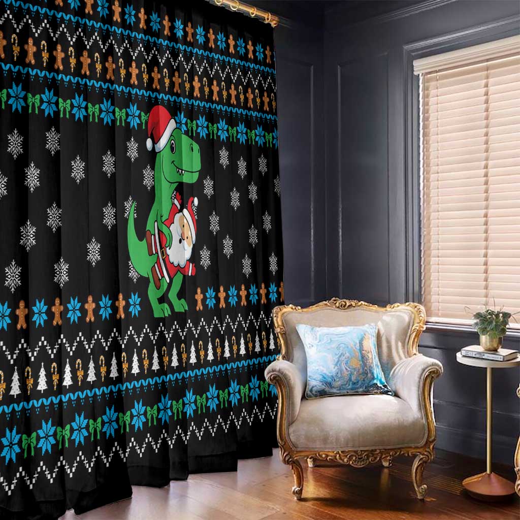 Funny Santa Riding Dinosaur Christmas Window Curtain Gingerbread Snowflake Pattern - Wonder Print Shop