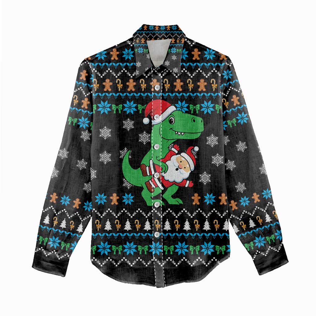 Funny Santa Riding Dinosaur Christmas Women Casual Shirt Gingerbread Snowflake Pattern - Wonder Print Shop