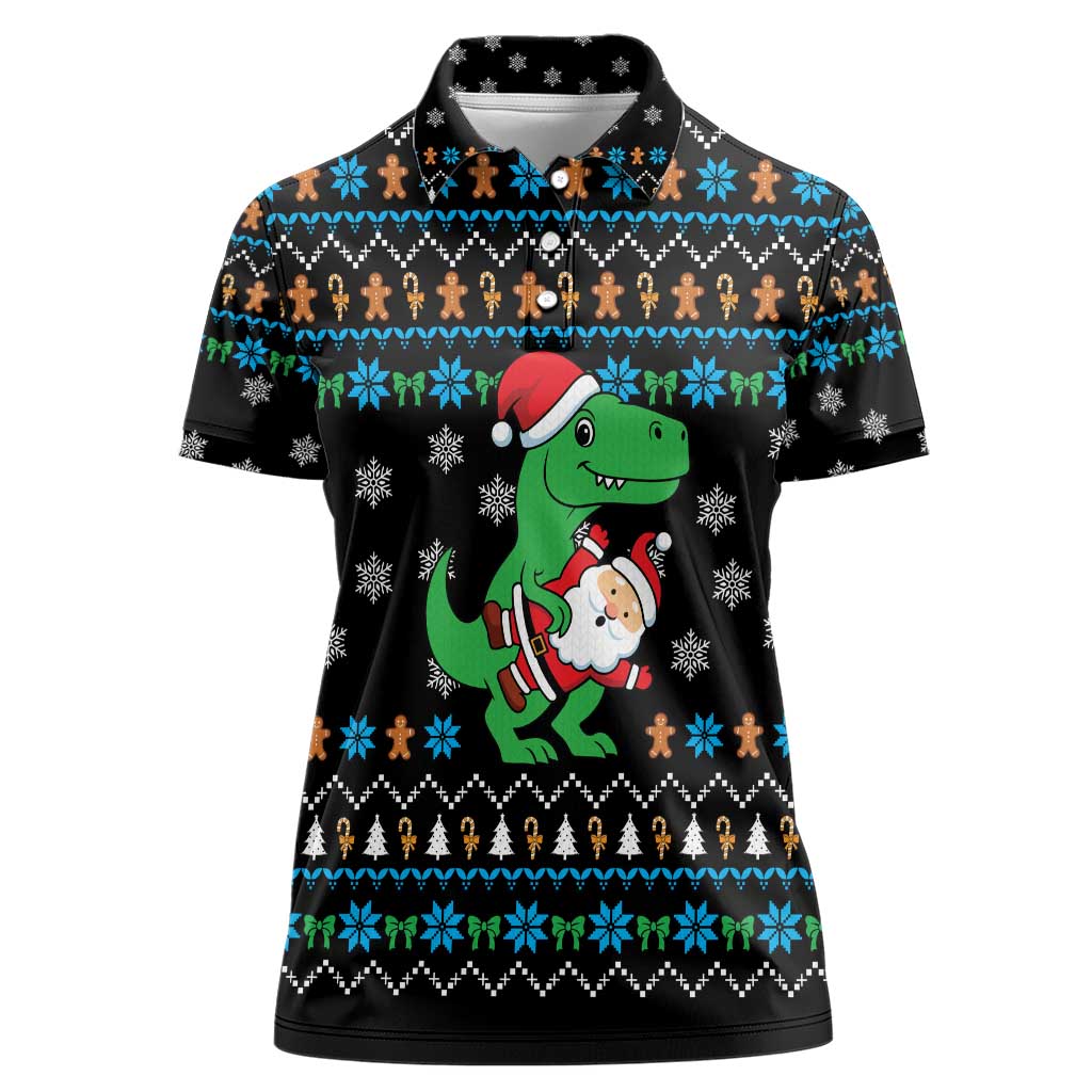 Funny Santa Riding Dinosaur Christmas Women Polo Shirt Gingerbread Snowflake Pattern - Wonder Print Shop