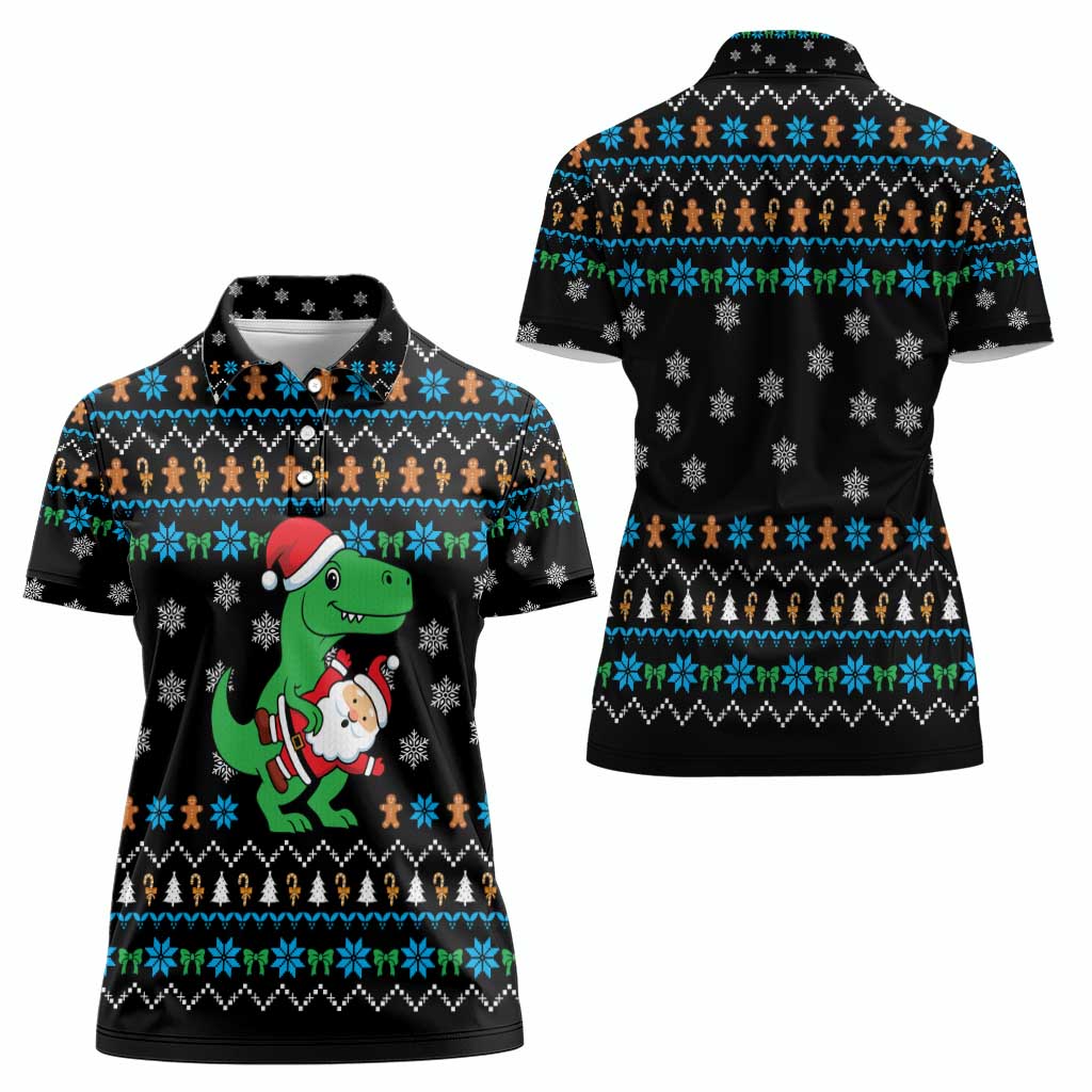 Funny Santa Riding Dinosaur Christmas Women Polo Shirt Gingerbread Snowflake Pattern - Wonder Print Shop