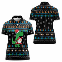 Funny Santa Riding Dinosaur Christmas Women Polo Shirt Gingerbread Snowflake Pattern - Wonder Print Shop