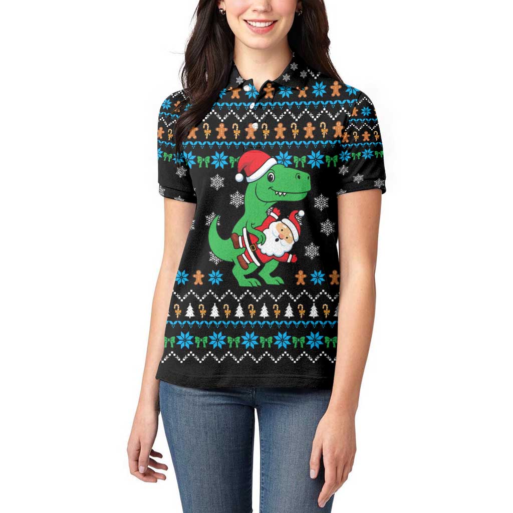 Funny Santa Riding Dinosaur Christmas Women Polo Shirt Gingerbread Snowflake Pattern - Wonder Print Shop