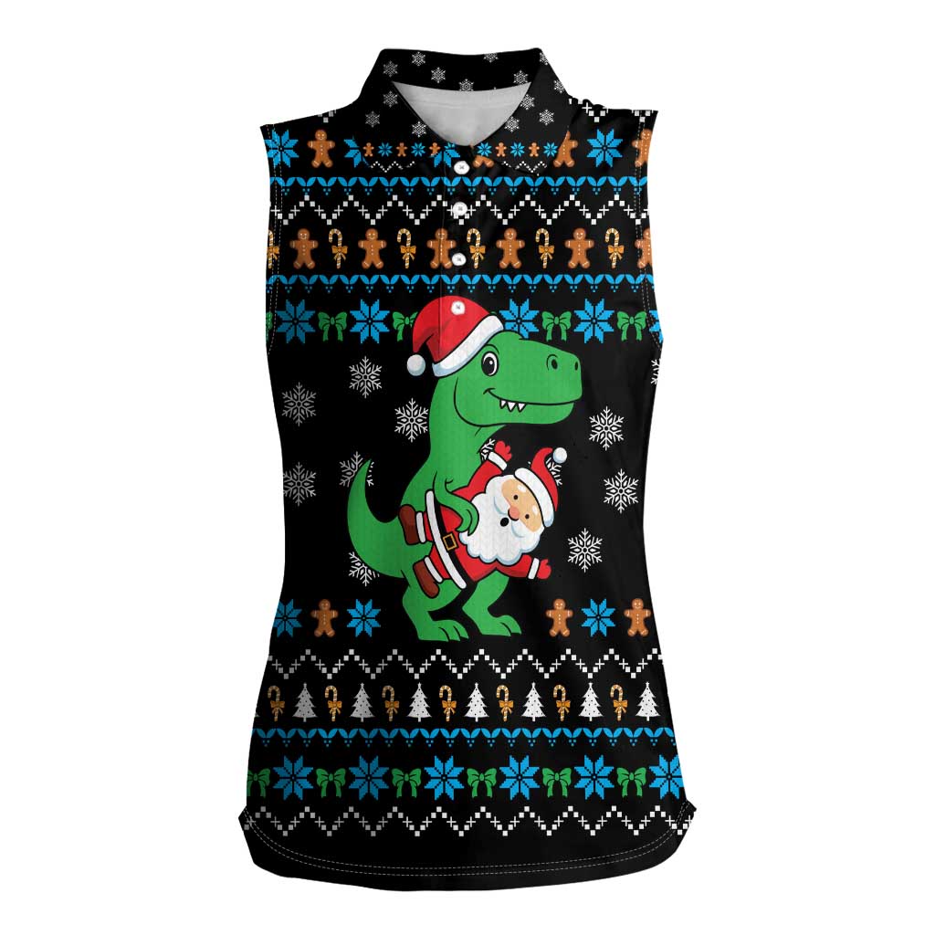 Funny Santa Riding Dinosaur Christmas Women Sleeveless Polo Shirt Gingerbread Snowflake Pattern - Wonder Print Shop