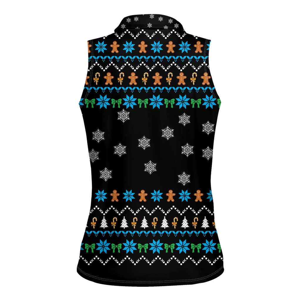 Funny Santa Riding Dinosaur Christmas Women Sleeveless Polo Shirt Gingerbread Snowflake Pattern - Wonder Print Shop