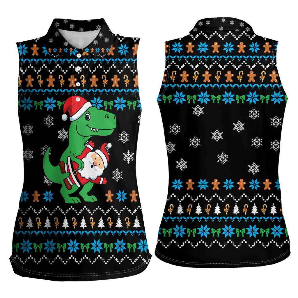 Funny Santa Riding Dinosaur Christmas Women Sleeveless Polo Shirt Gingerbread Snowflake Pattern - Wonder Print Shop