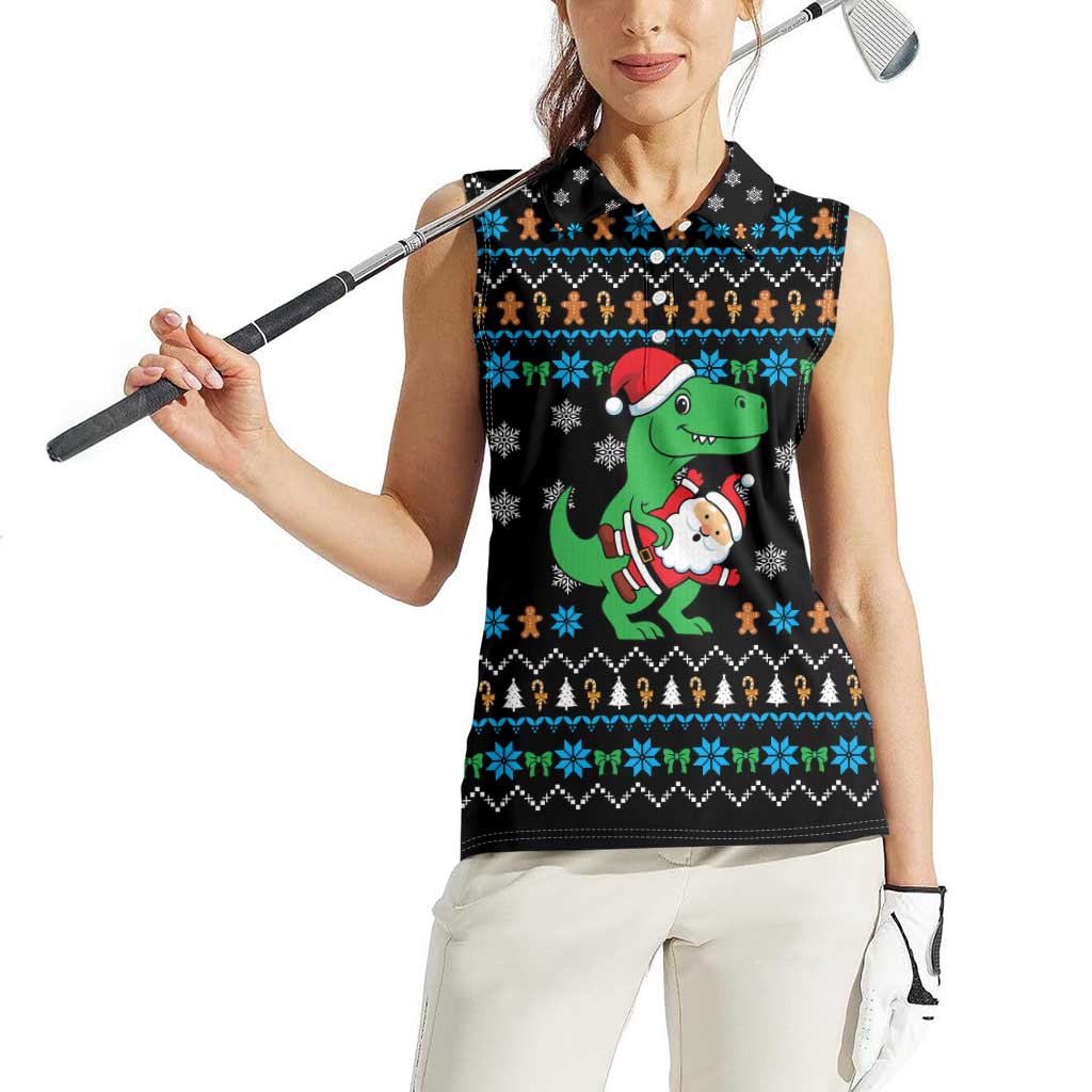 Funny Santa Riding Dinosaur Christmas Women Sleeveless Polo Shirt Gingerbread Snowflake Pattern - Wonder Print Shop