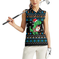 Funny Santa Riding Dinosaur Christmas Women Sleeveless Polo Shirt Gingerbread Snowflake Pattern - Wonder Print Shop