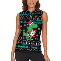 Funny Santa Riding Dinosaur Christmas Women Sleeveless Polo Shirt Gingerbread Snowflake Pattern - Wonder Print Shop