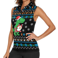 Funny Santa Riding Dinosaur Christmas Women Sleeveless Polo Shirt Gingerbread Snowflake Pattern - Wonder Print Shop