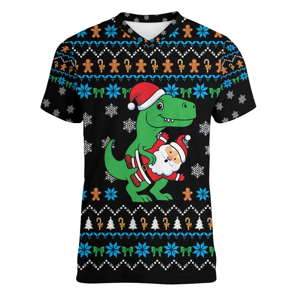 Funny Santa Riding Dinosaur Christmas Women V-Neck T-Shirt Gingerbread Snowflake Pattern - Wonder Print Shop