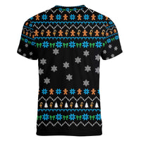 Funny Santa Riding Dinosaur Christmas Women V-Neck T-Shirt Gingerbread Snowflake Pattern - Wonder Print Shop