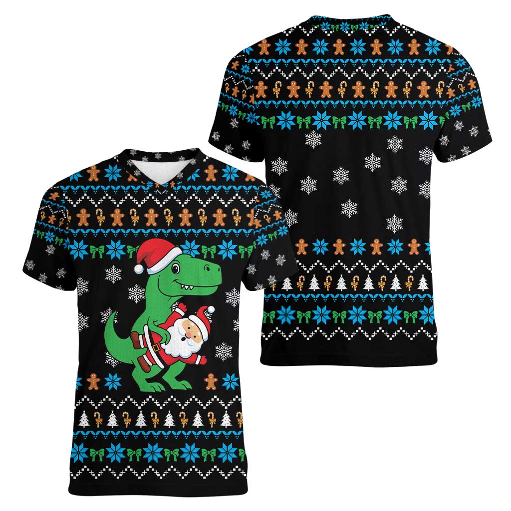 Funny Santa Riding Dinosaur Christmas Women V-Neck T-Shirt Gingerbread Snowflake Pattern - Wonder Print Shop