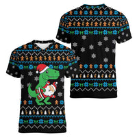 Funny Santa Riding Dinosaur Christmas Women V-Neck T-Shirt Gingerbread Snowflake Pattern - Wonder Print Shop