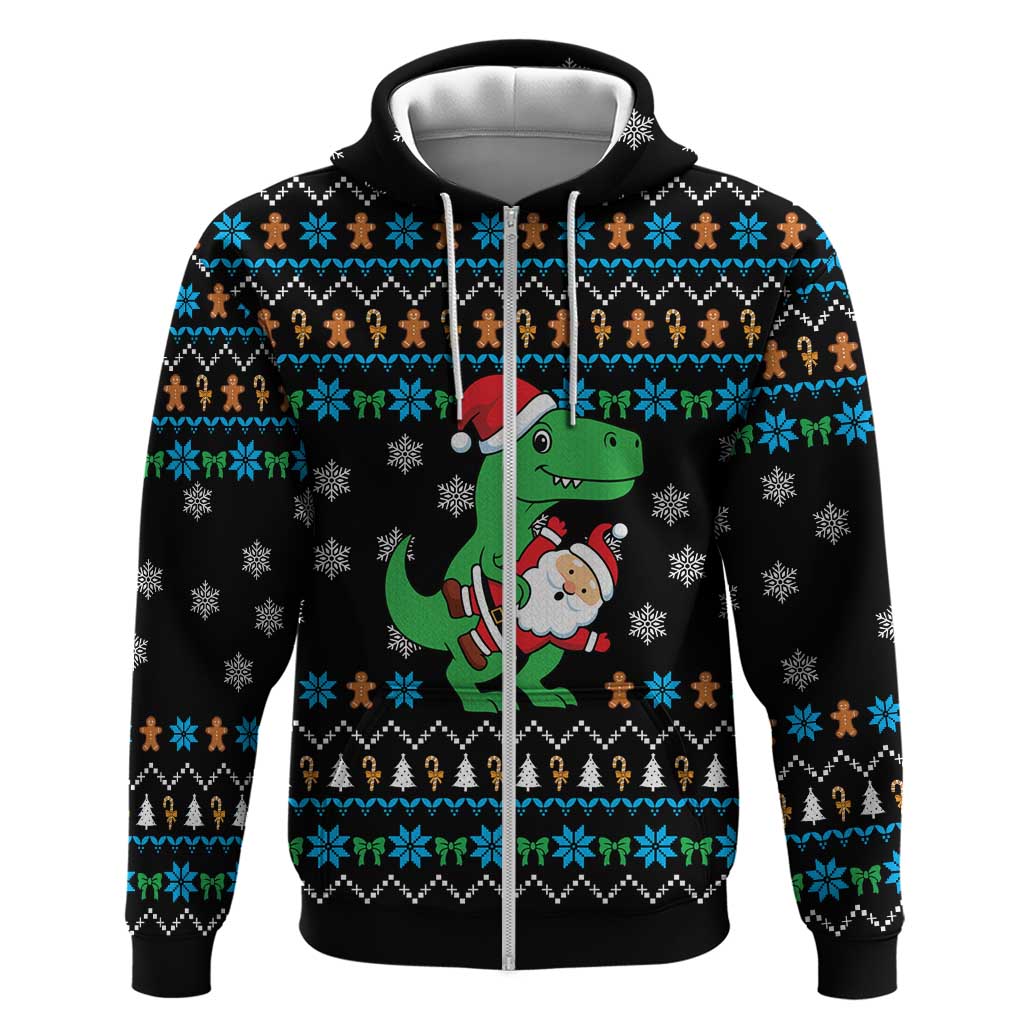 Funny Santa Riding Dinosaur Christmas Zip Hoodie Gingerbread Snowflake Pattern - Wonder Print Shop