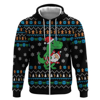 Funny Santa Riding Dinosaur Christmas Zip Hoodie Gingerbread Snowflake Pattern - Wonder Print Shop