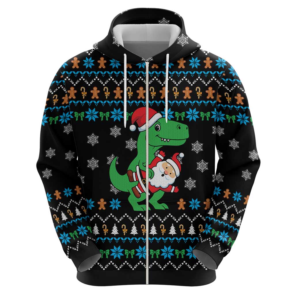 Funny Santa Riding Dinosaur Christmas Zip Hoodie Gingerbread Snowflake Pattern - Wonder Print Shop