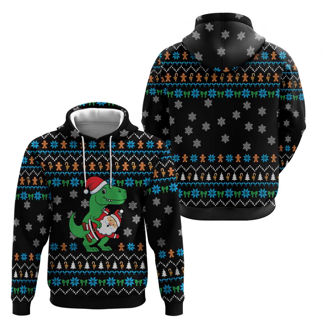 Funny Santa Riding Dinosaur Christmas Zip Hoodie Gingerbread Snowflake Pattern - Wonder Print Shop