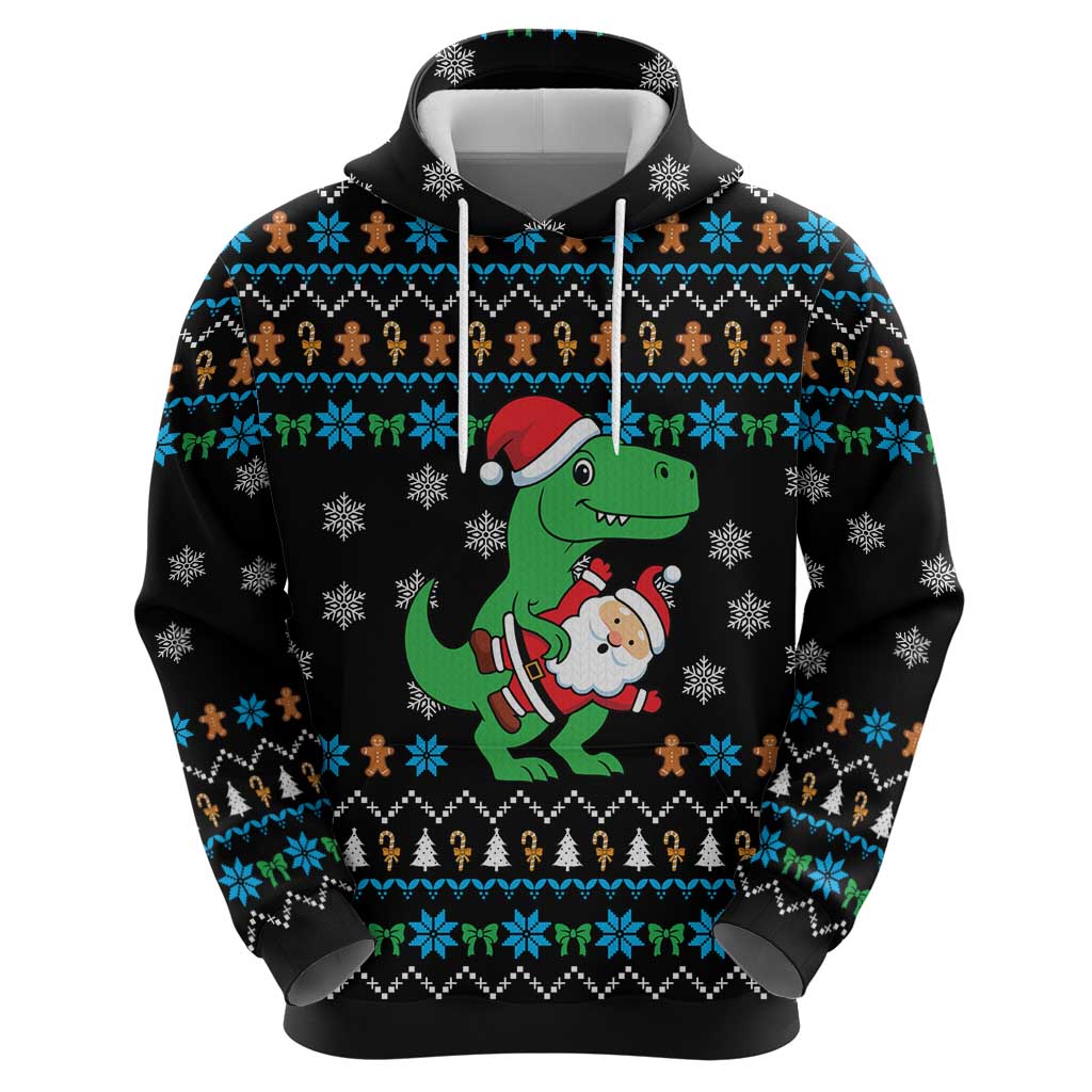 Funny Santa Riding Dinosaur Christmas Zip Hoodie Gingerbread Snowflake Pattern - Wonder Print Shop
