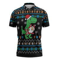 Funny Santa Riding Dinosaur Christmas Zipper Polo Shirt Gingerbread Snowflake Pattern - Wonder Print Shop
