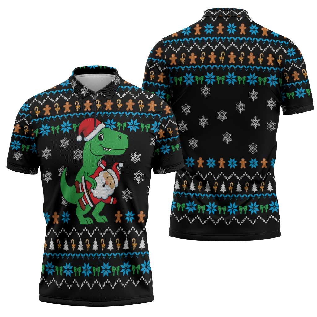 Funny Santa Riding Dinosaur Christmas Zipper Polo Shirt Gingerbread Snowflake Pattern - Wonder Print Shop