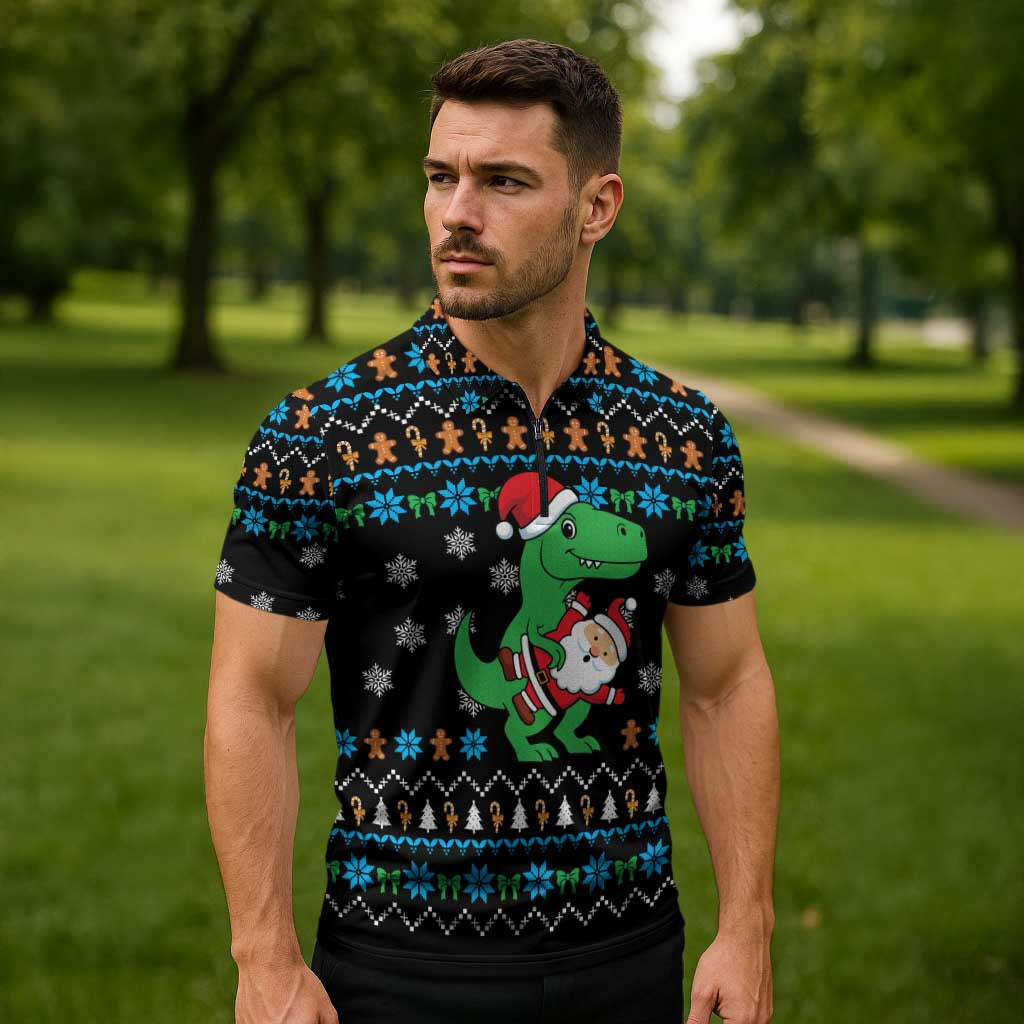 Funny Santa Riding Dinosaur Christmas Zipper Polo Shirt Gingerbread Snowflake Pattern - Wonder Print Shop