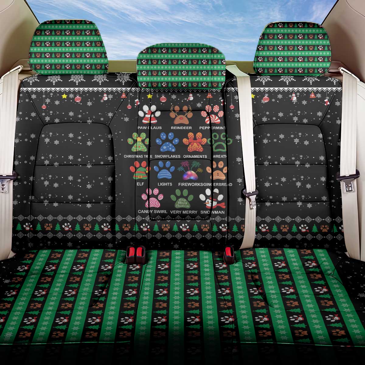 Christmas Colorful Dog Pawprint Back Car Seat Cover Black Snowflake Pattern Design - Wonder Print Shop