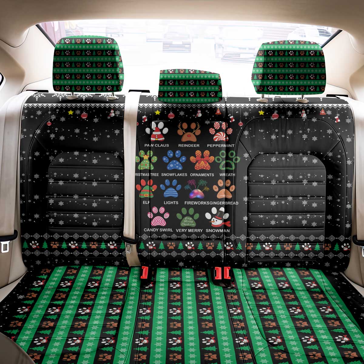 Christmas Colorful Dog Pawprint Back Car Seat Cover Black Snowflake Pattern Design - Wonder Print Shop