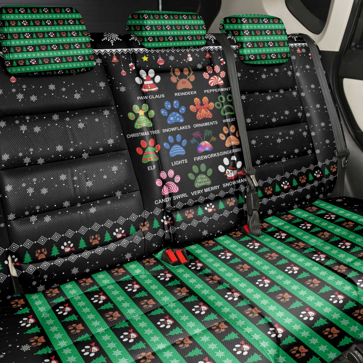 Christmas Colorful Dog Pawprint Back Car Seat Cover Black Snowflake Pattern Design - Wonder Print Shop