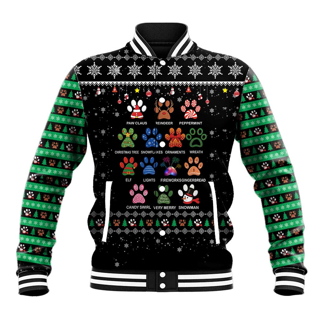 Christmas Colorful Dog Pawprint Baseball Jacket Black Snowflake Pattern Design - Wonder Print Shop