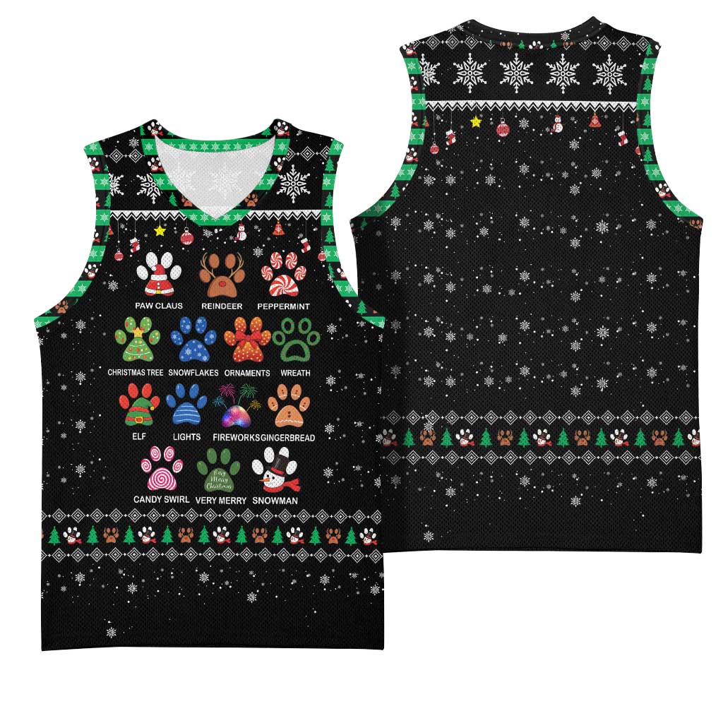 Christmas Colorful Dog Pawprint Basketball Jersey Black Snowflake Pattern Design - Wonder Print Shop