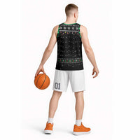 Christmas Colorful Dog Pawprint Basketball Jersey Black Snowflake Pattern Design - Wonder Print Shop