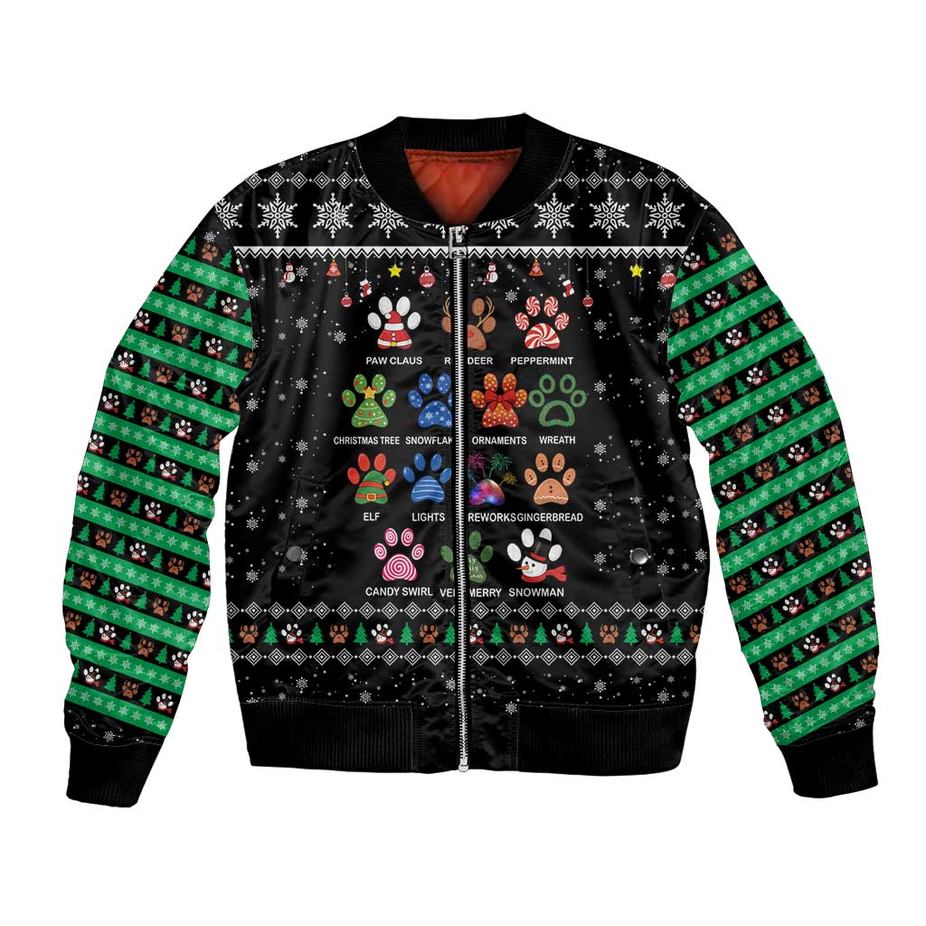 Christmas Colorful Dog Pawprint Bomber Jacket Black Snowflake Pattern Design - Wonder Print Shop