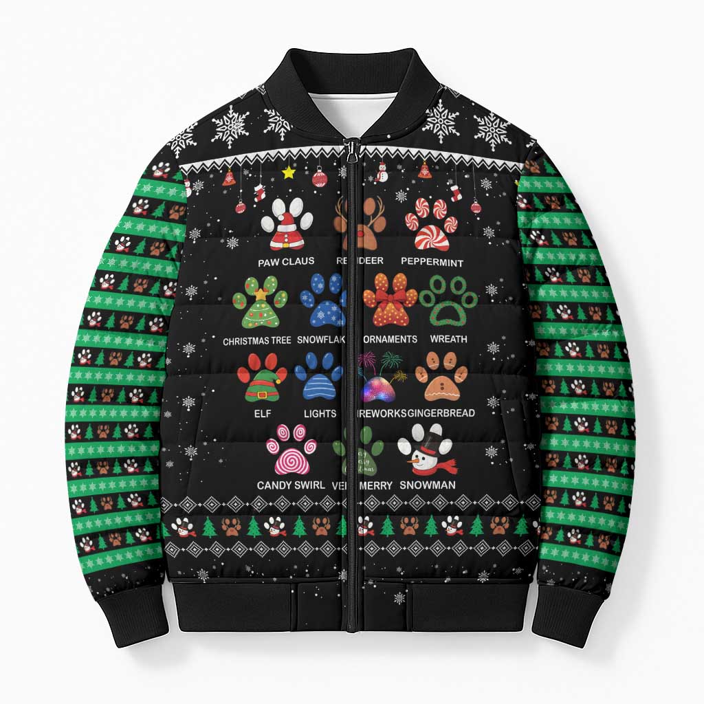Christmas Colorful Dog Pawprint Bomber Puffer Jacket Black Snowflake Pattern Design - Wonder Print Shop