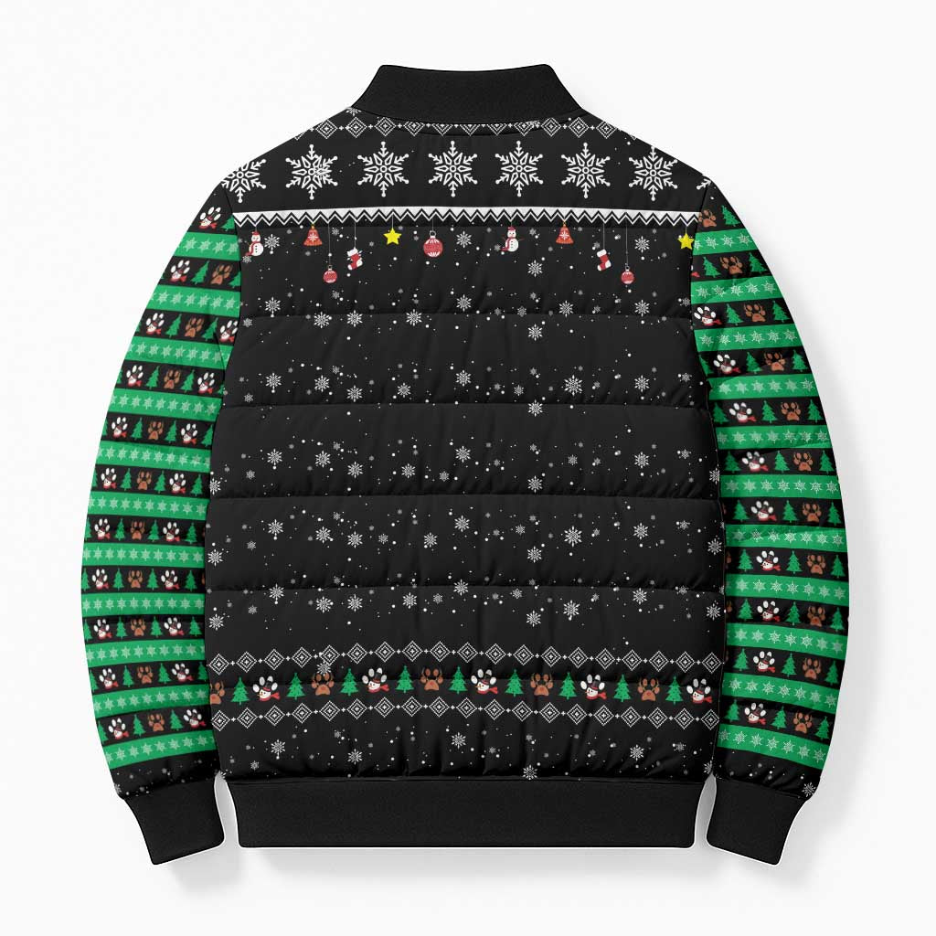 Christmas Colorful Dog Pawprint Bomber Puffer Jacket Black Snowflake Pattern Design - Wonder Print Shop