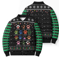 Christmas Colorful Dog Pawprint Bomber Puffer Jacket Black Snowflake Pattern Design - Wonder Print Shop