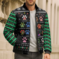 Christmas Colorful Dog Pawprint Bomber Puffer Jacket Black Snowflake Pattern Design - Wonder Print Shop