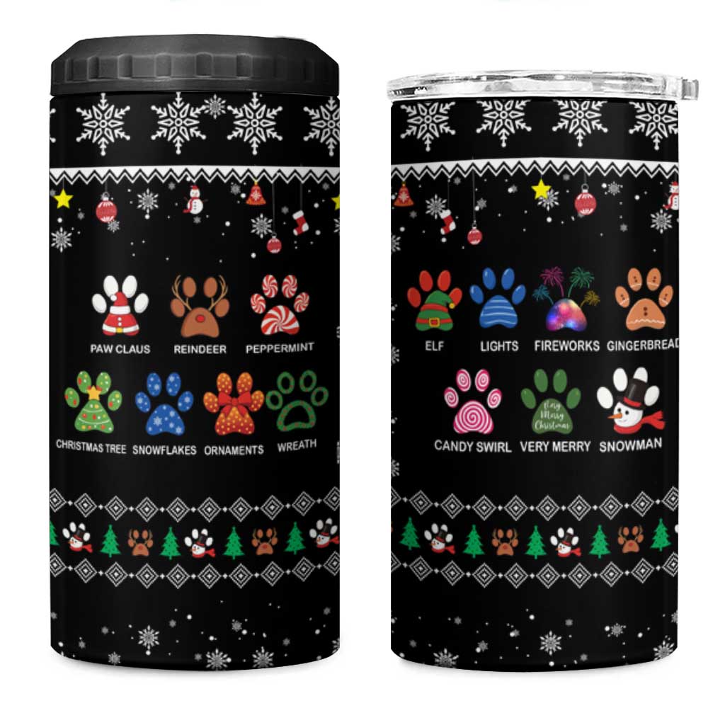 Christmas Colorful Dog Pawprint 4 in 1 Can Cooler Tumbler Black Snowflake Pattern Design - Wonder Print Shop