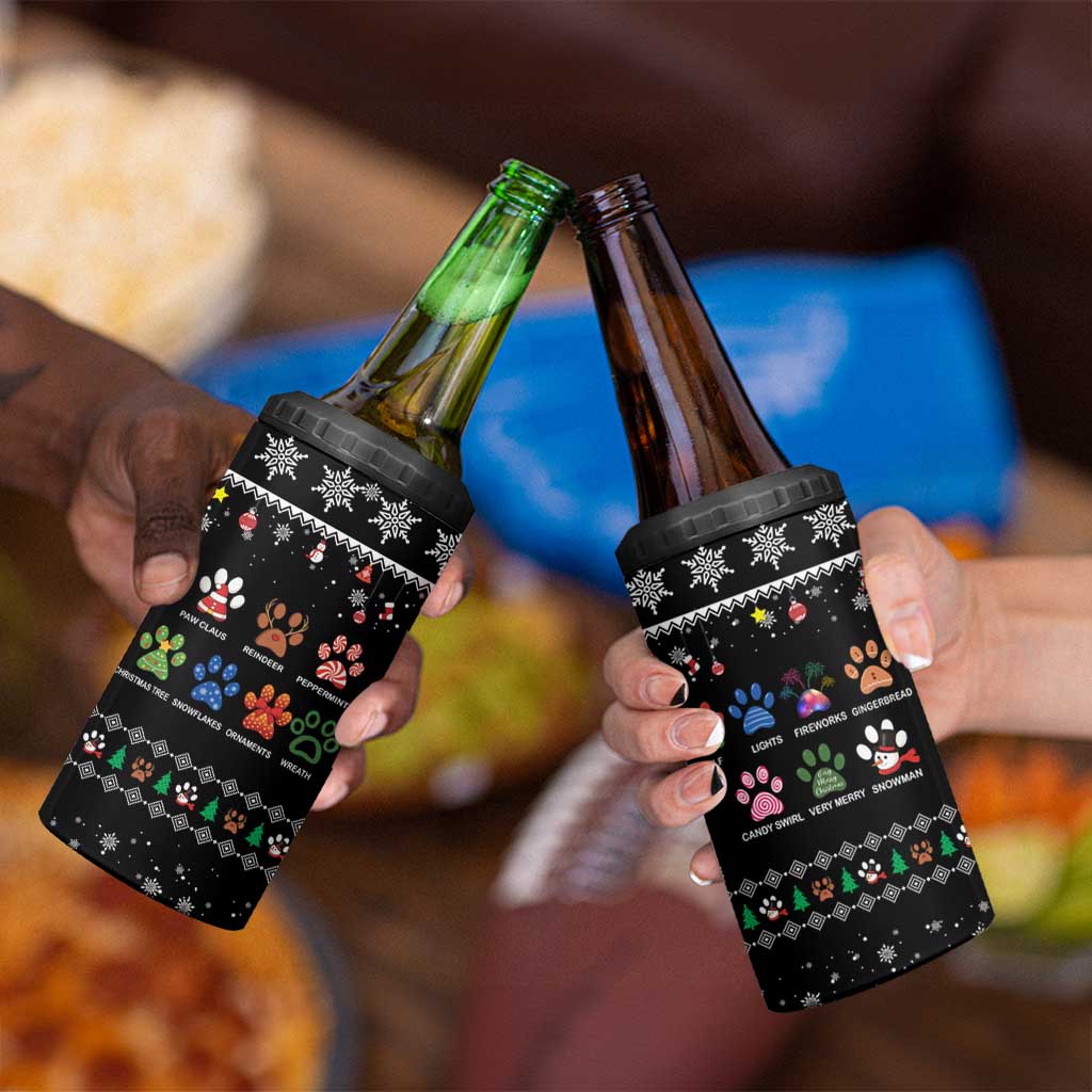 Christmas Colorful Dog Pawprint 4 in 1 Can Cooler Tumbler Black Snowflake Pattern Design - Wonder Print Shop