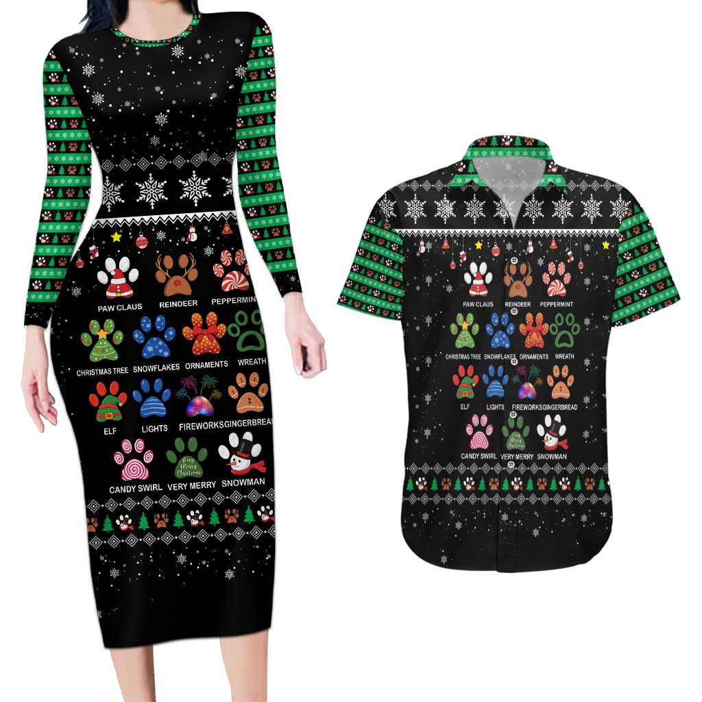 Christmas Colorful Dog Pawprint Couples Matching Long Sleeve Bodycon Dress and Hawaiian Shirt Black Snowflake Pattern Design - Wonder Print Shop