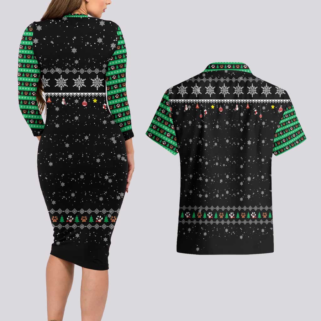 Christmas Colorful Dog Pawprint Couples Matching Long Sleeve Bodycon Dress and Hawaiian Shirt Black Snowflake Pattern Design - Wonder Print Shop