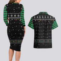 Christmas Colorful Dog Pawprint Couples Matching Long Sleeve Bodycon Dress and Hawaiian Shirt Black Snowflake Pattern Design - Wonder Print Shop