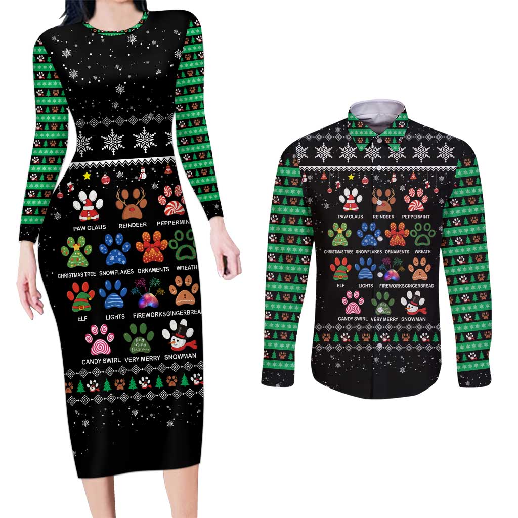Christmas Colorful Dog Pawprint Couples Matching Long Sleeve Bodycon Dress and Long Sleeve Button Shirt Black Snowflake Pattern Design - Wonder Print Shop