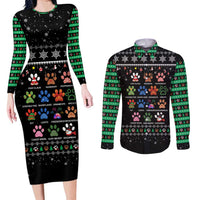 Christmas Colorful Dog Pawprint Couples Matching Long Sleeve Bodycon Dress and Long Sleeve Button Shirt Black Snowflake Pattern Design - Wonder Print Shop