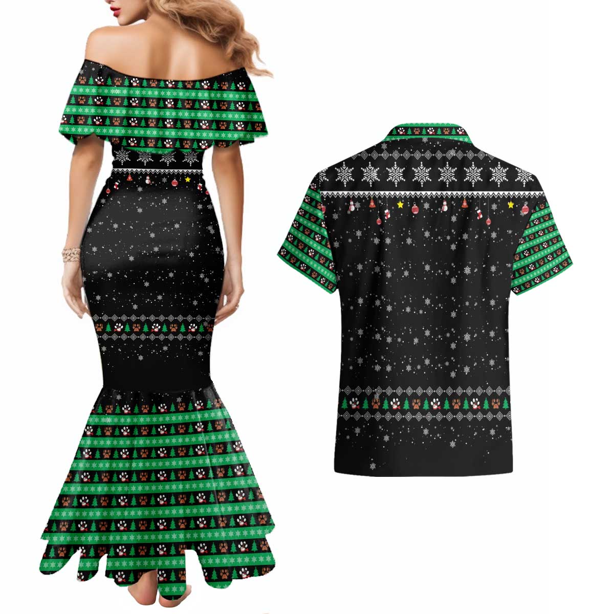 Christmas Colorful Dog Pawprint Couples Matching Mermaid Dress and Hawaiian Shirt Black Snowflake Pattern Design - Wonder Print Shop