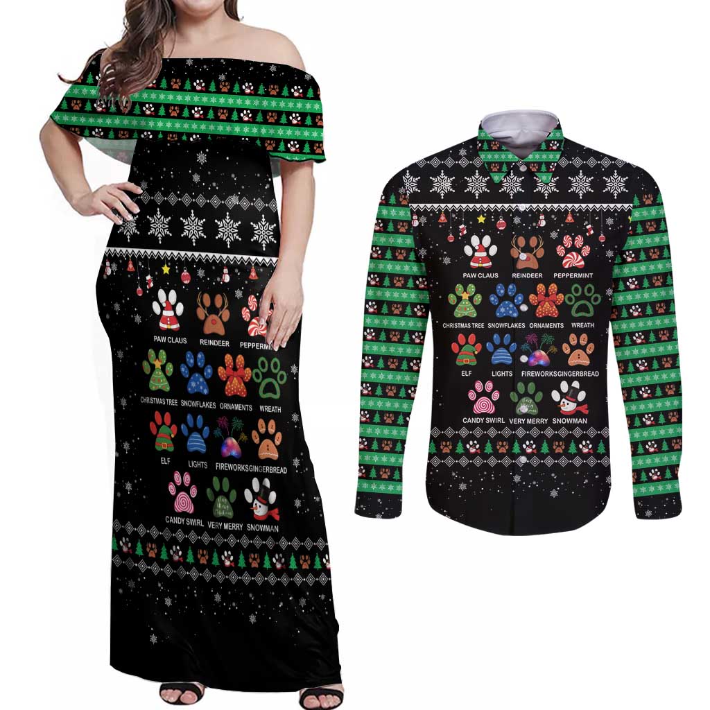 Christmas Colorful Dog Pawprint Couples Matching Off Shoulder Maxi Dress and Long Sleeve Button Shirt Black Snowflake Pattern Design - Wonder Print Shop