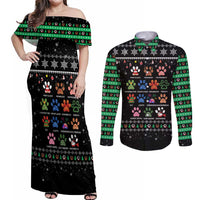 Christmas Colorful Dog Pawprint Couples Matching Off Shoulder Maxi Dress and Long Sleeve Button Shirt Black Snowflake Pattern Design - Wonder Print Shop