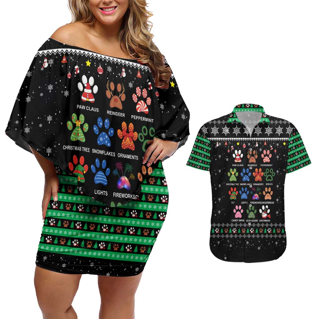 Christmas Colorful Dog Pawprint Couples Matching Off Shoulder Short Dress and Hawaiian Shirt Black Snowflake Pattern Design - Wonder Print Shop
