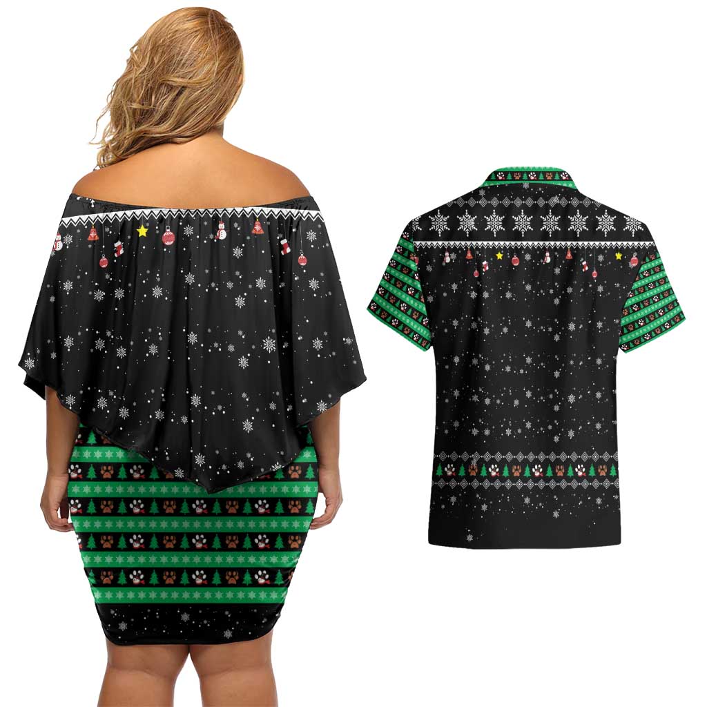 Christmas Colorful Dog Pawprint Couples Matching Off Shoulder Short Dress and Hawaiian Shirt Black Snowflake Pattern Design - Wonder Print Shop