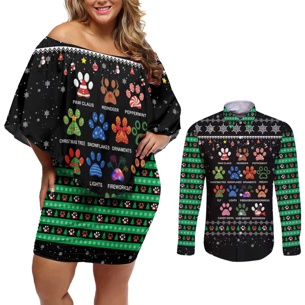 Christmas Colorful Dog Pawprint Couples Matching Off Shoulder Short Dress and Long Sleeve Button Shirt Black Snowflake Pattern Design - Wonder Print Shop